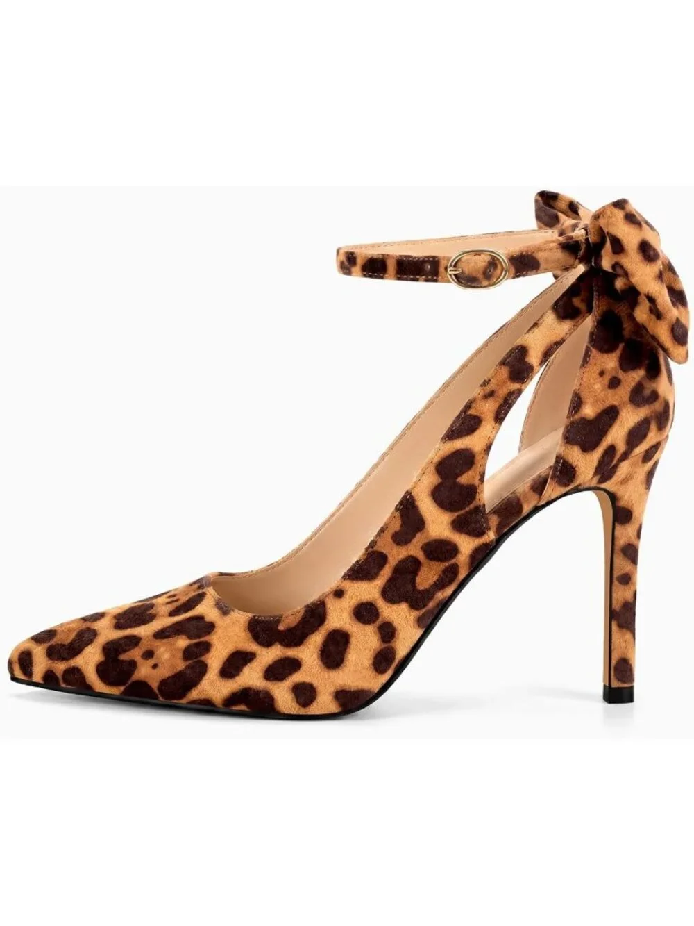 Women's Leopard Pointed Toe High Heels Ankle Strap Sexy Bowtie Back Dress Sandal